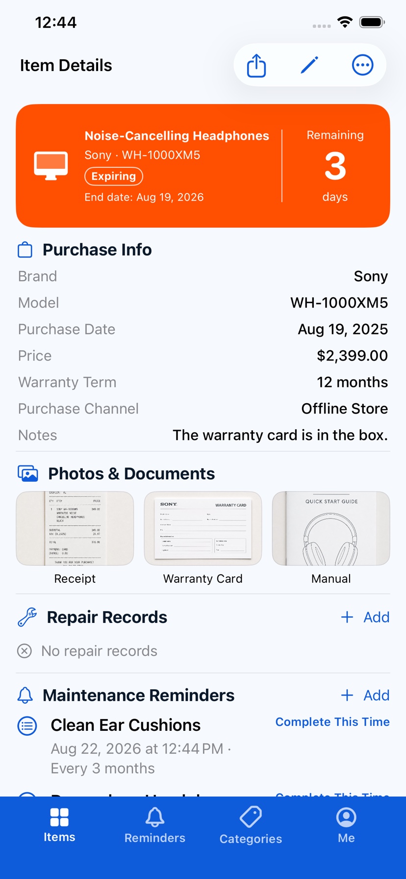 Warranty Notes Item details